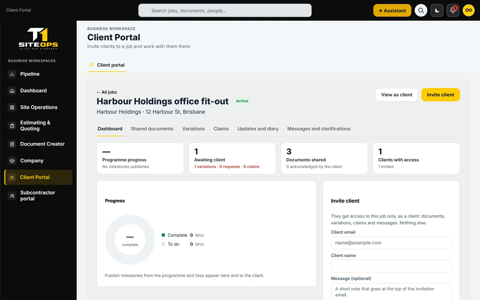 T1 SiteOps client portal job dashboard as the builder's team sees it, using demonstration data