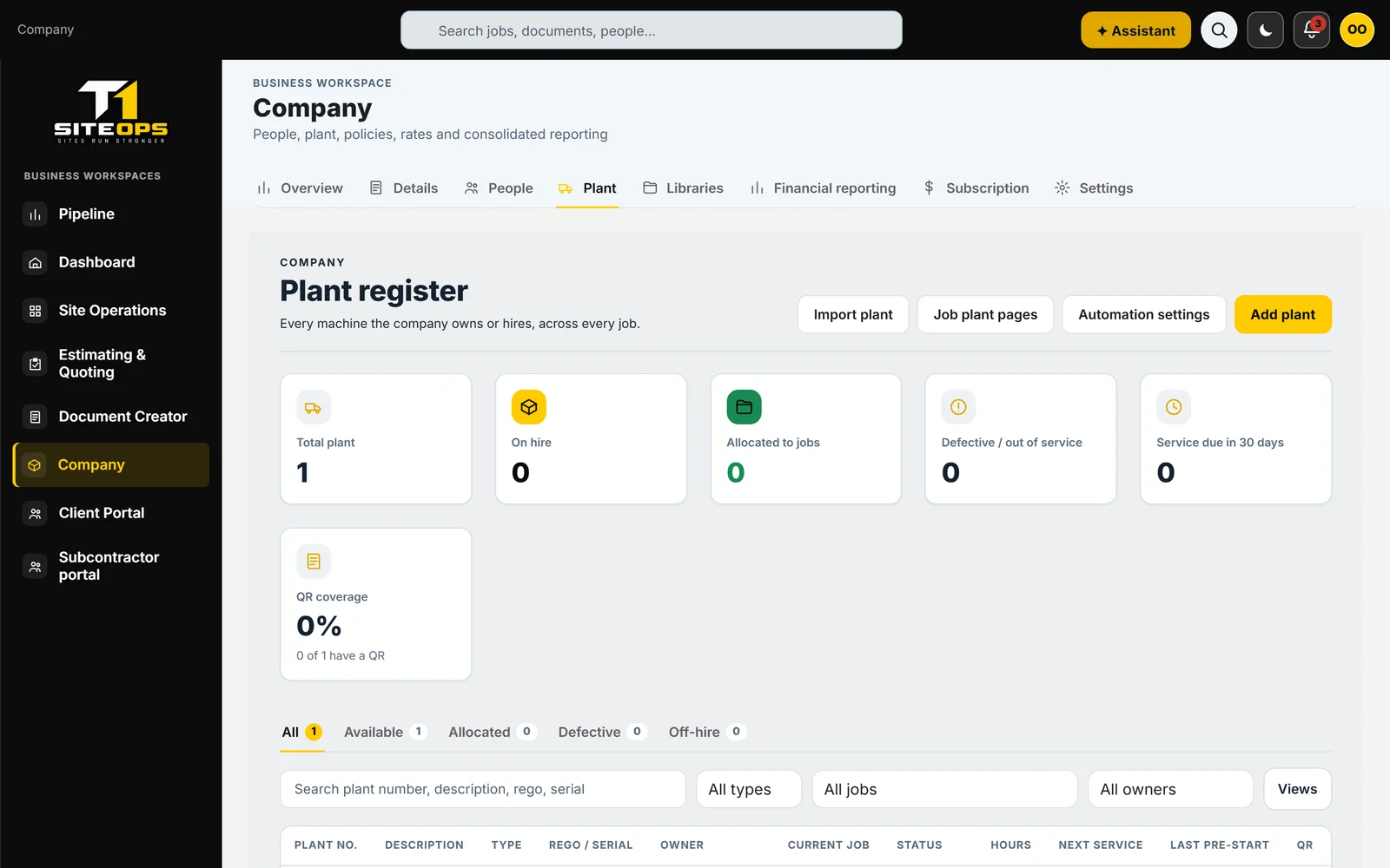 T1 SiteOps company plant register with counts and a table of machines, using demonstration data