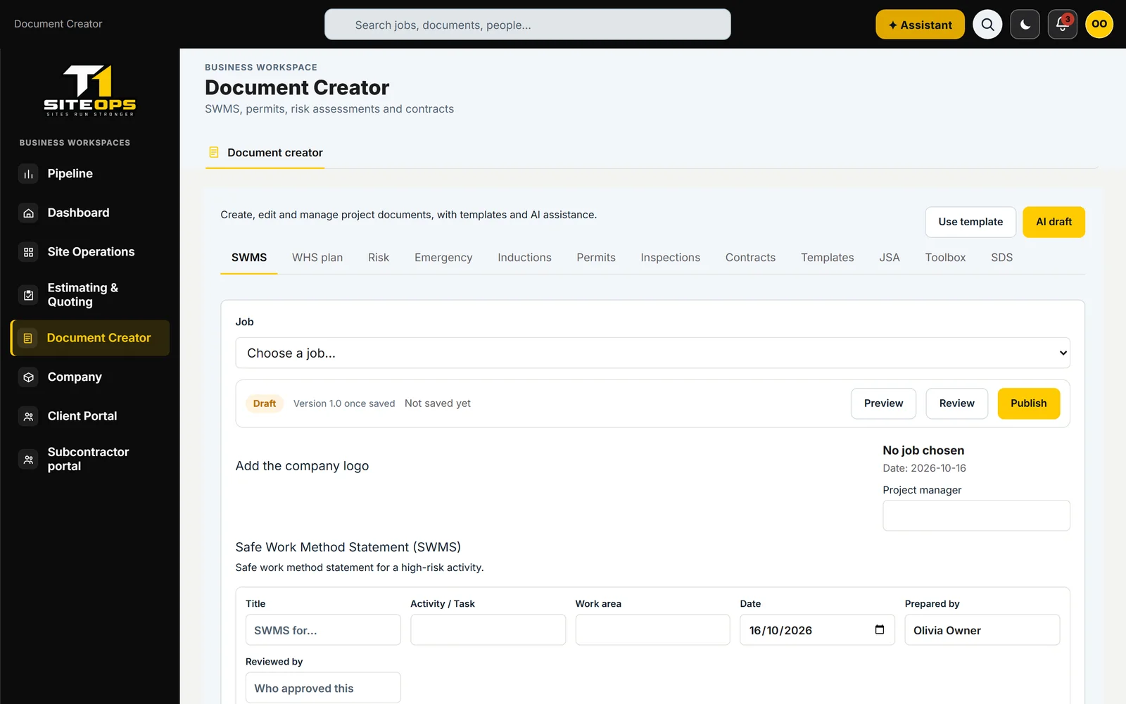 T1 SiteOps Document Creator on the SWMS tab, with job, version, steps, hazards and controls fields, using demonstration data