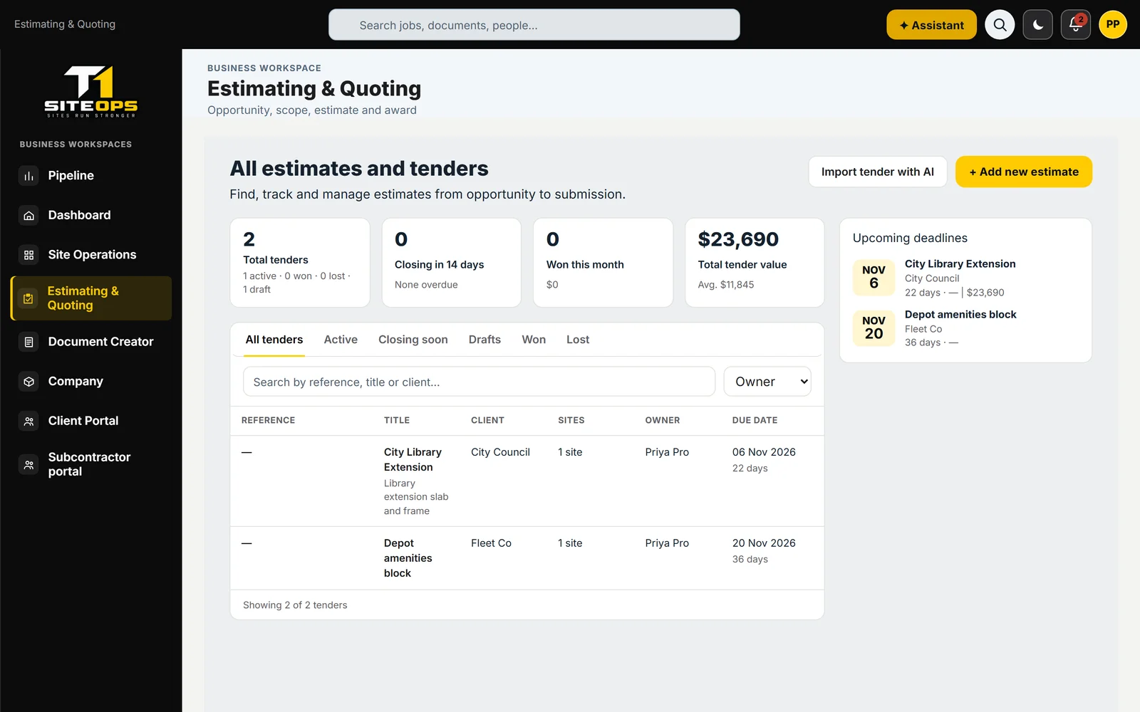 T1 SiteOps estimating register listing tenders with their stage, using demonstration data