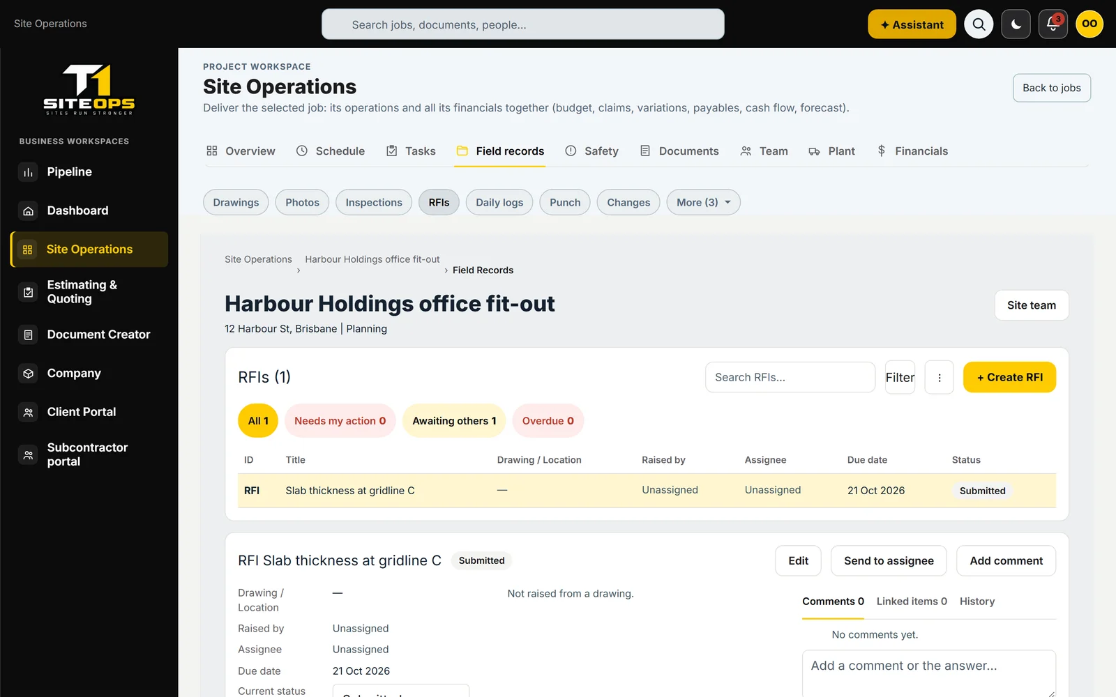 T1 SiteOps job workspace on the Field records RFIs tab, with an RFI and its status, using demonstration data