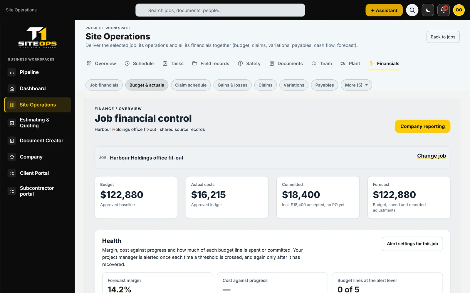 T1 SiteOps job financials with budget, cost and claims, using demonstration data