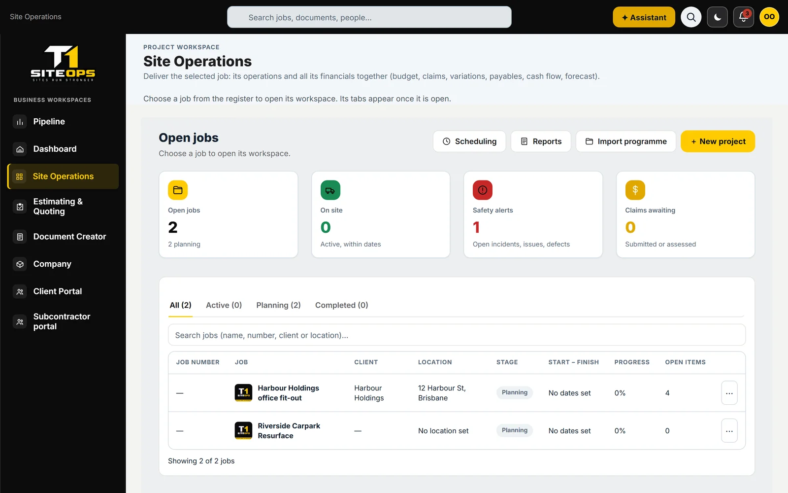 T1 SiteOps jobs register listing jobs with open, on site, safety alert and claim counts, using demonstration data