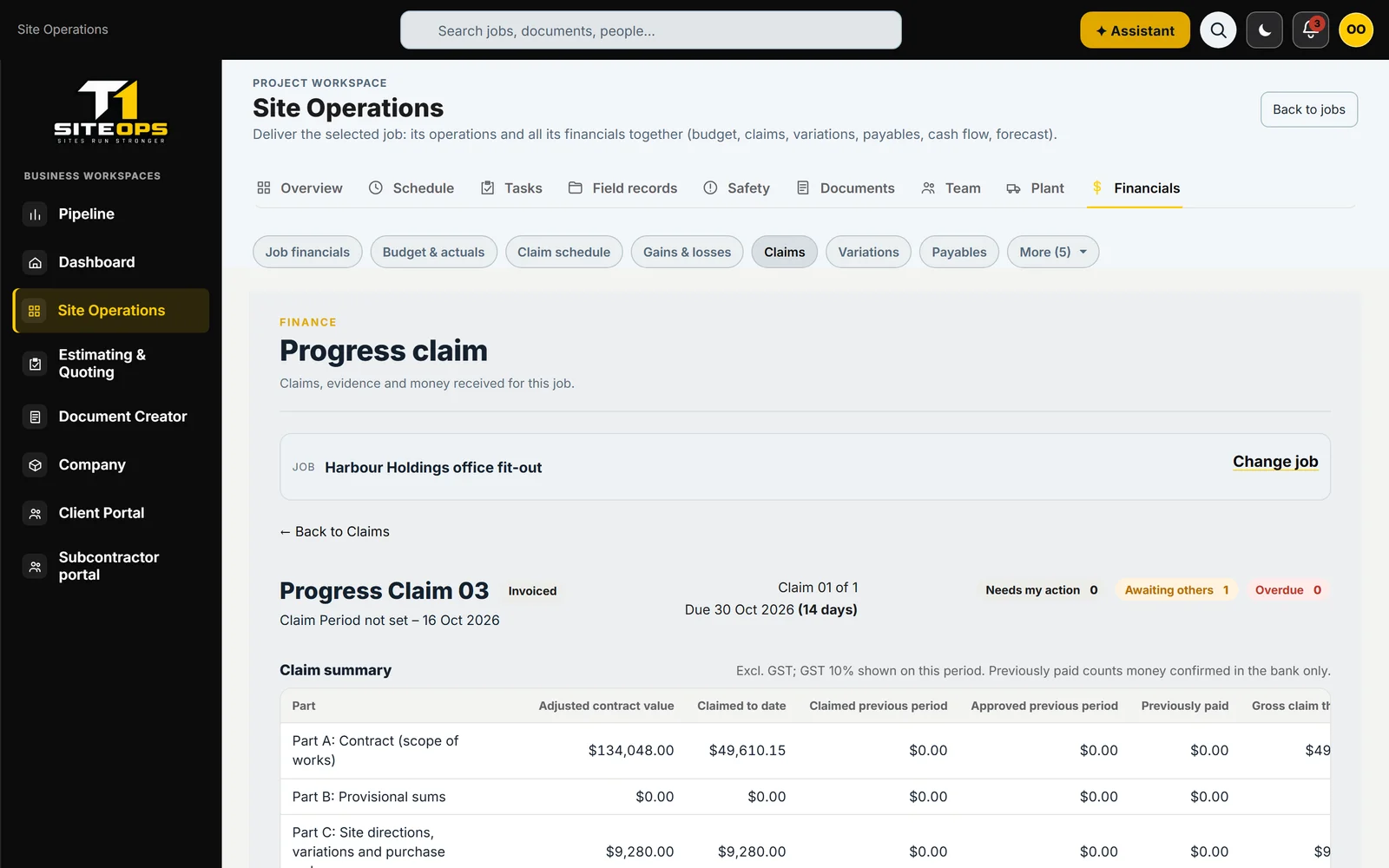 T1 SiteOps progress claim with its claim summary, using demonstration data
