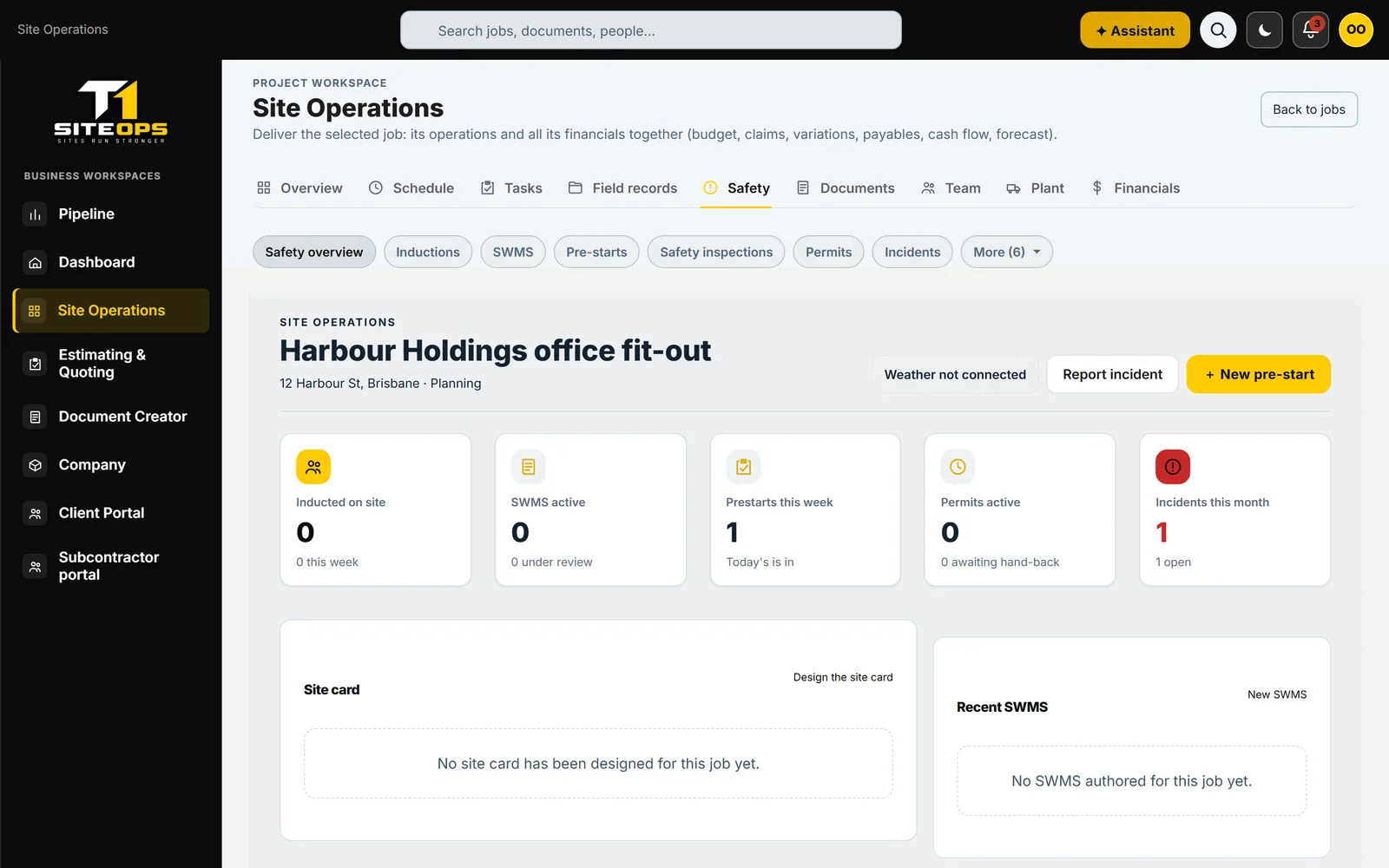 T1 SiteOps job safety overview with inducted, SWMS, pre-start, permit and incident counts and a site card, using demonstration data