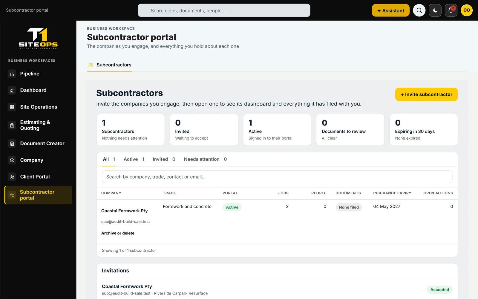 T1 SiteOps subcontractor register listing companies with portal status, documents and insurance expiry, using demonstration data