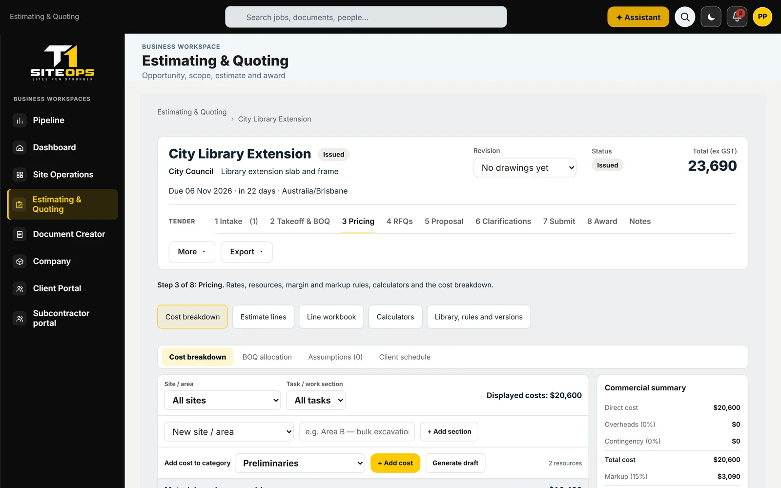 T1 SiteOps tender pricing tab showing direct cost, overheads, contingency, total cost and draft sell, using demonstration data
