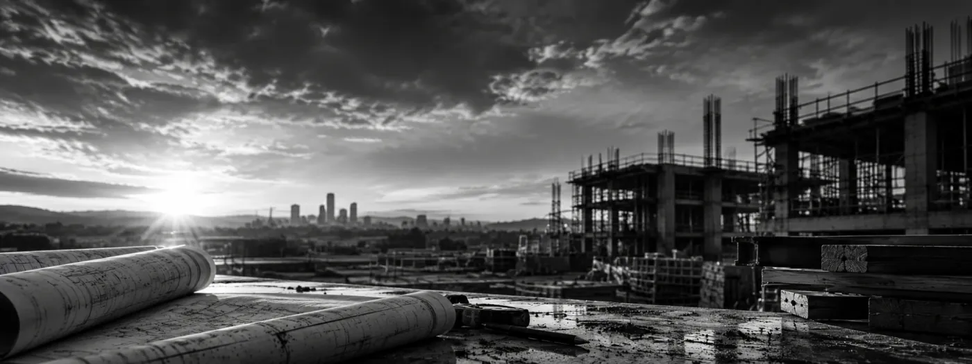Concrete frame with scaffolding and rebar at dusk, with rolled plans and timber stacks on site