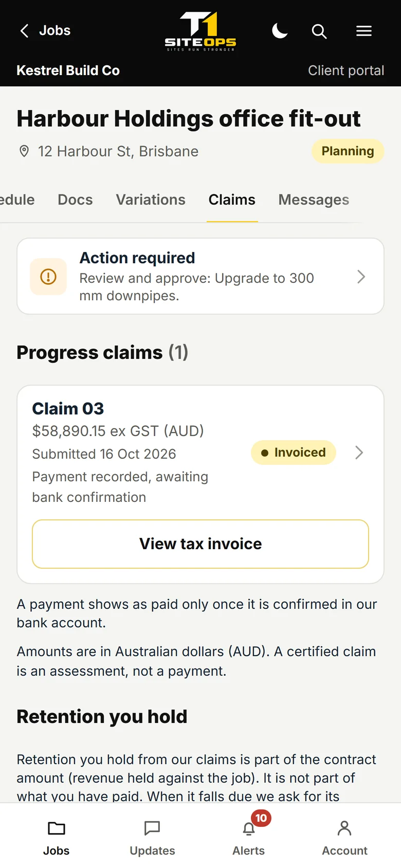 Client phone portal showing a progress claim with its Invoiced status and a View tax invoice button, using demonstration data