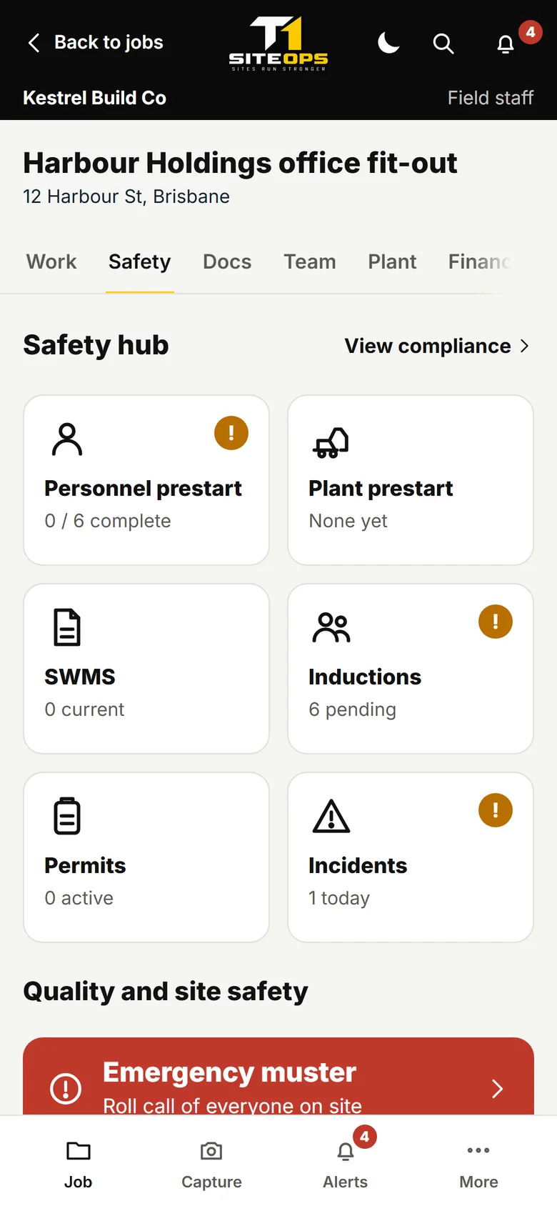 Phone safety hub with prestart, SWMS, induction, permit and incident tiles, using demonstration data