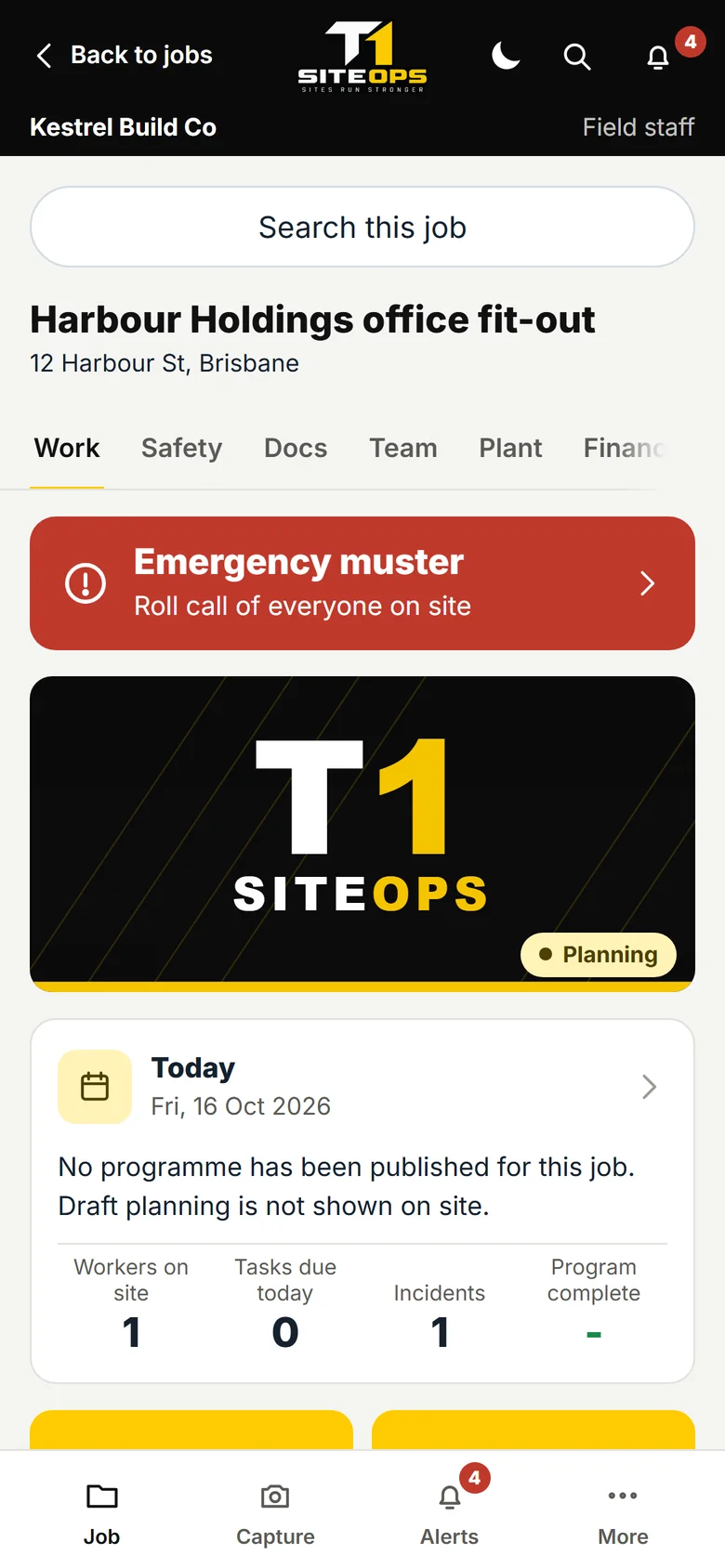Supervisor phone job hub on the Work tab with today's work and capture buttons, using demonstration data