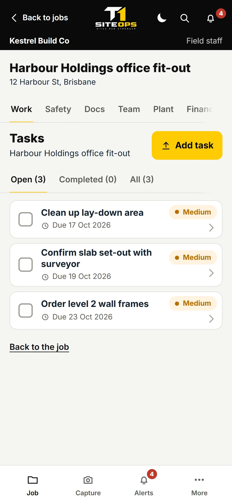 Phone task list for a job, using demonstration data
