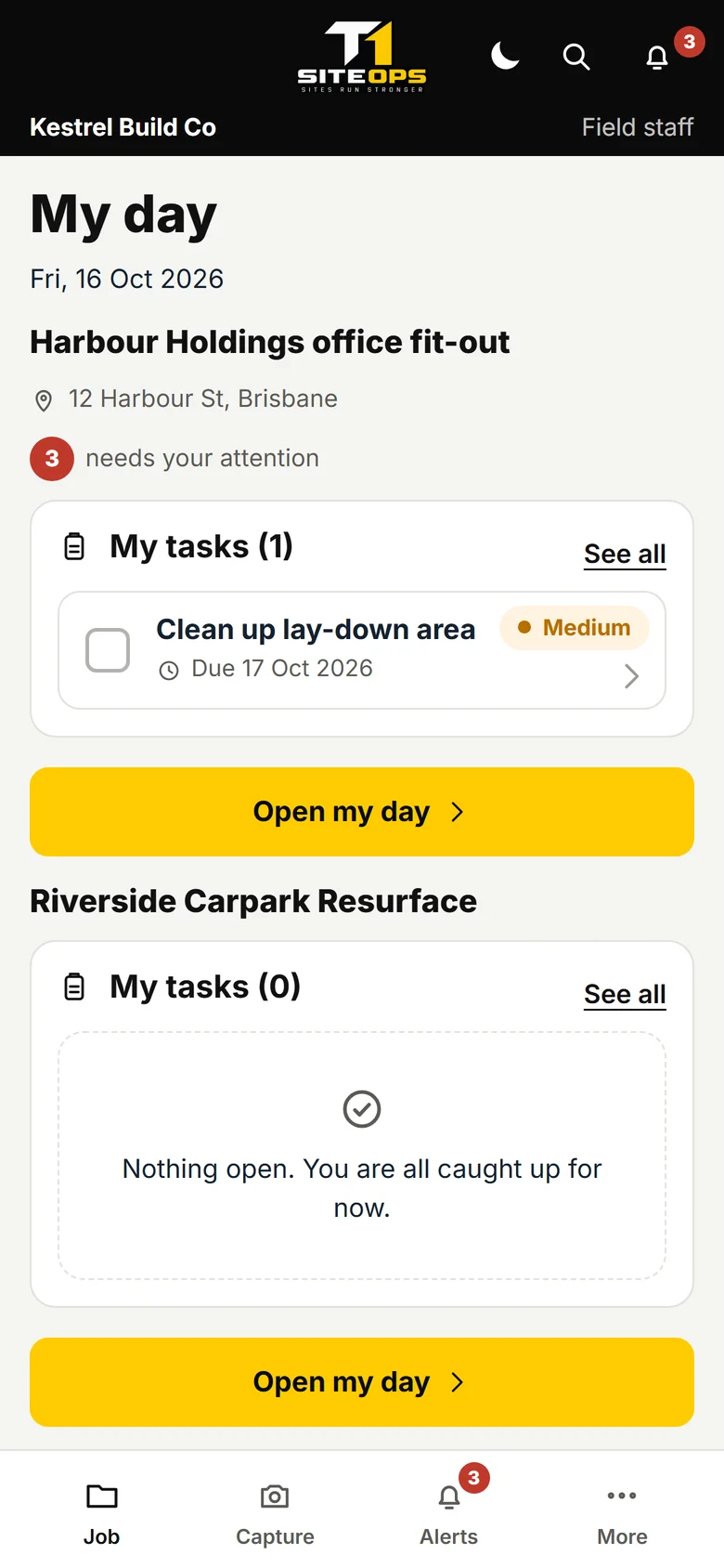 Worker phone My day screen with the worker's open task on a job, using demonstration data